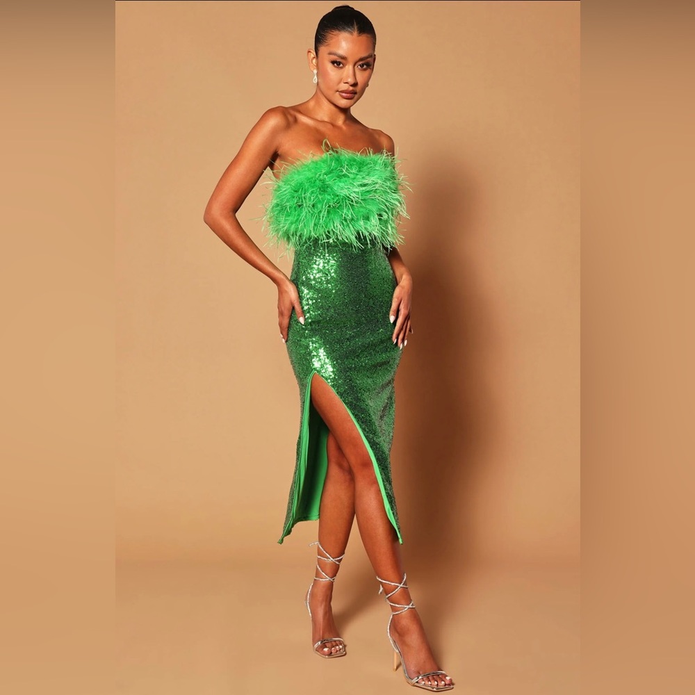 Justin Sequin Feather MIDI Dress by Fashion Nova